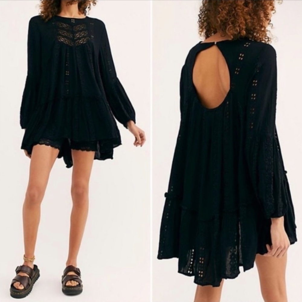 Free People Black Long Sleeve Dress with Open Back